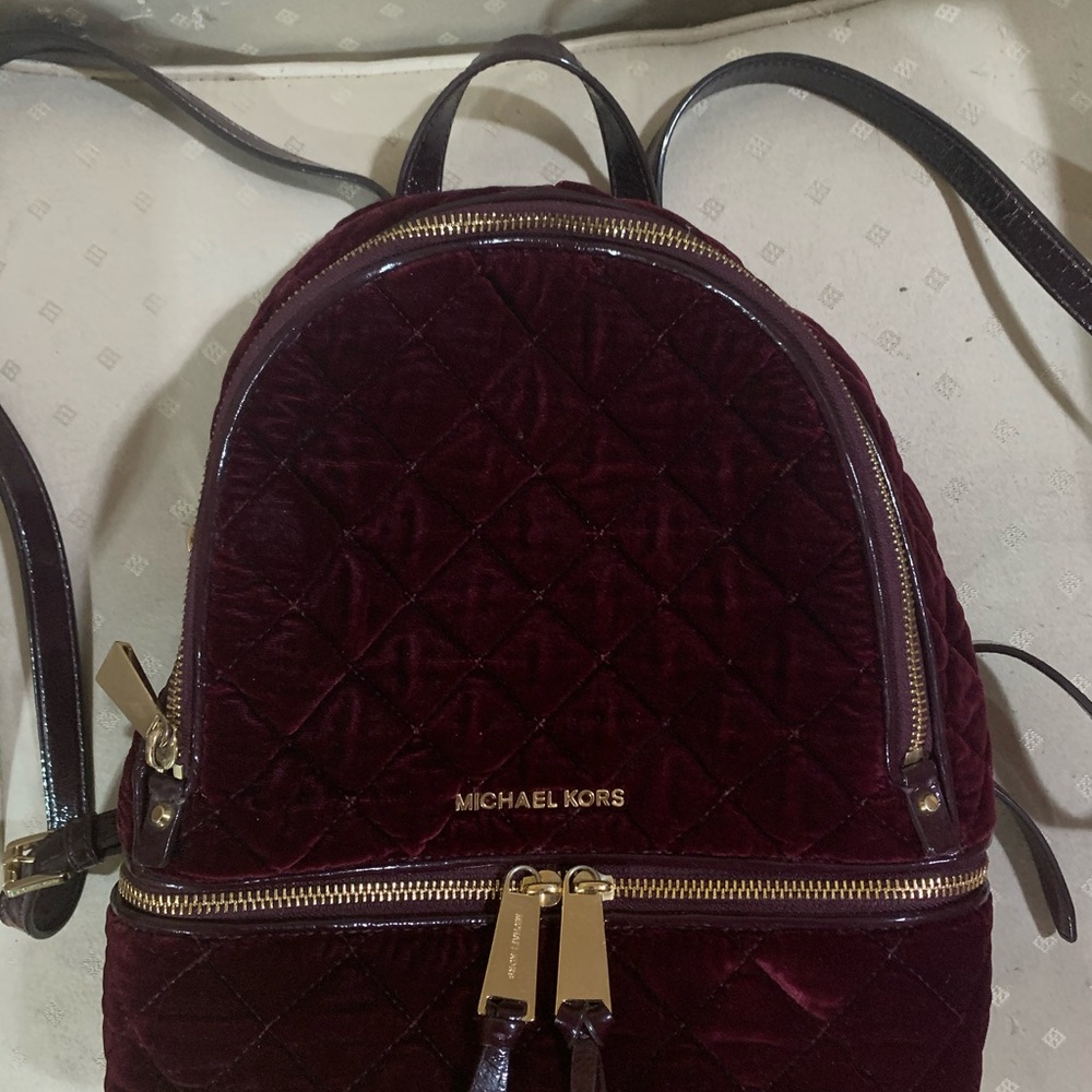 Michael Kors burgundy velvet backpack purse